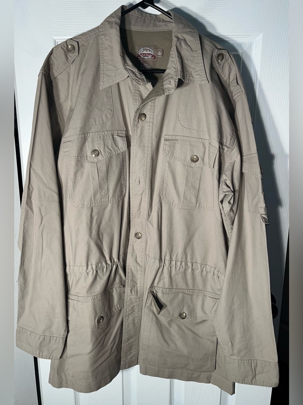 Men’s Cabelas Safari Series Tan Khaki Cargo Jacket Cargo Coat Utility XL Tall